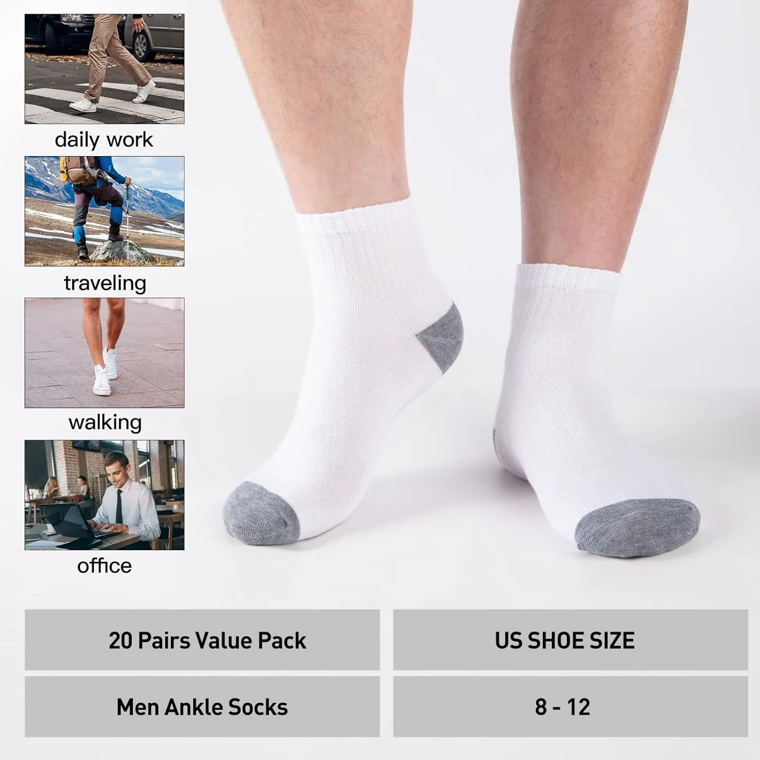 20 Pairs Ankle Socks For Men/Women - Breathable Mens Socks Size 10-13 Mini Crew Quarter Sock Value Pack in Bulk