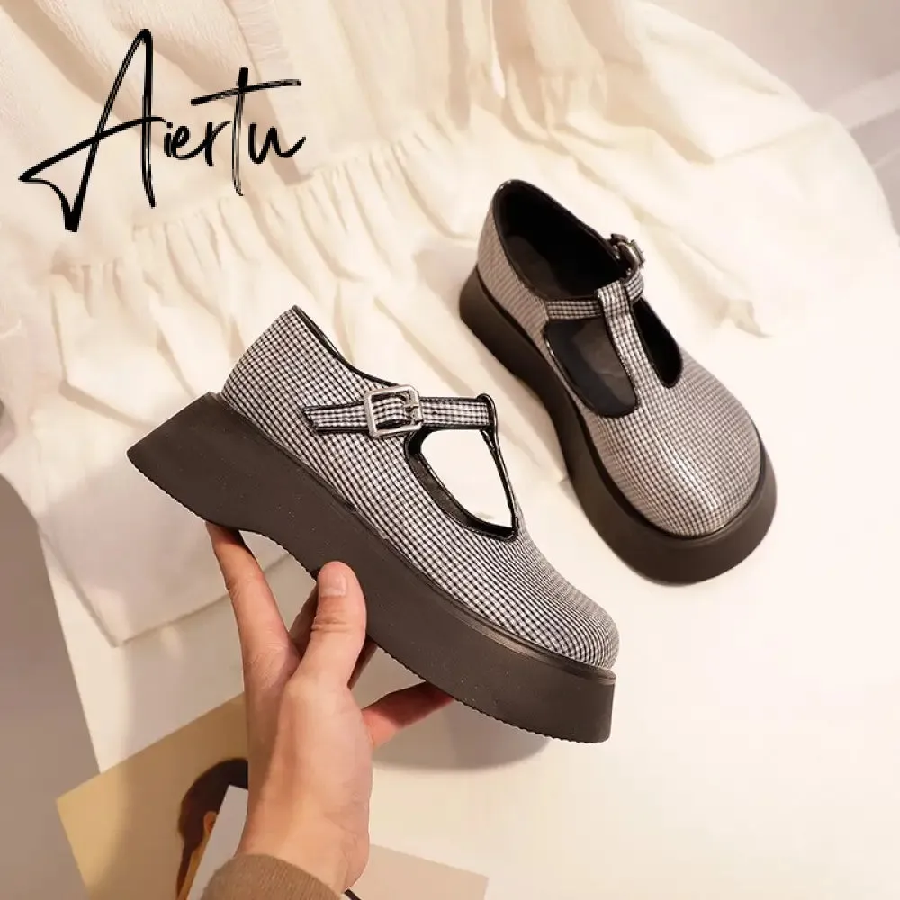 Aiertu Japanese Mary Jane Women'S Shoes  New Thick-Soled Lattice Small Single Shoes For Women College Style Vitage Spring  Shoes Woman