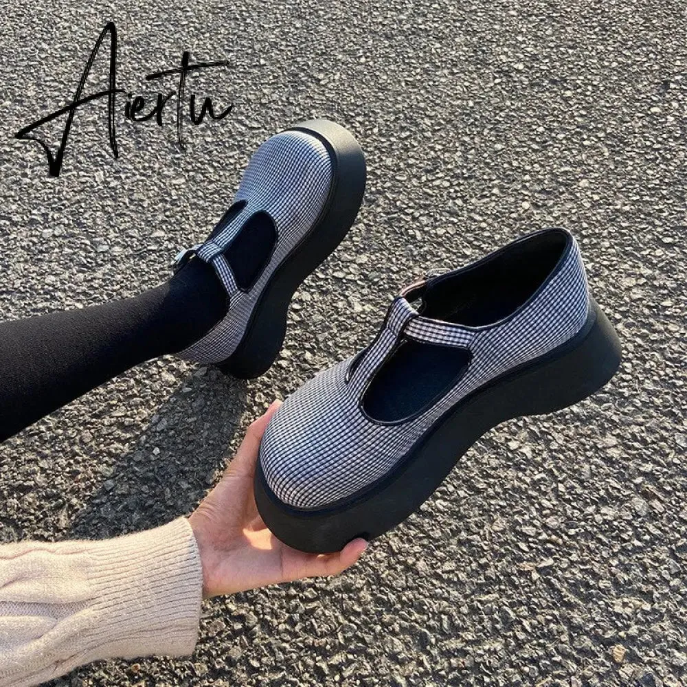 Aiertu Japanese Mary Jane Women'S Shoes  New Thick-Soled Lattice Small Single Shoes For Women College Style Vitage Spring  Shoes Woman