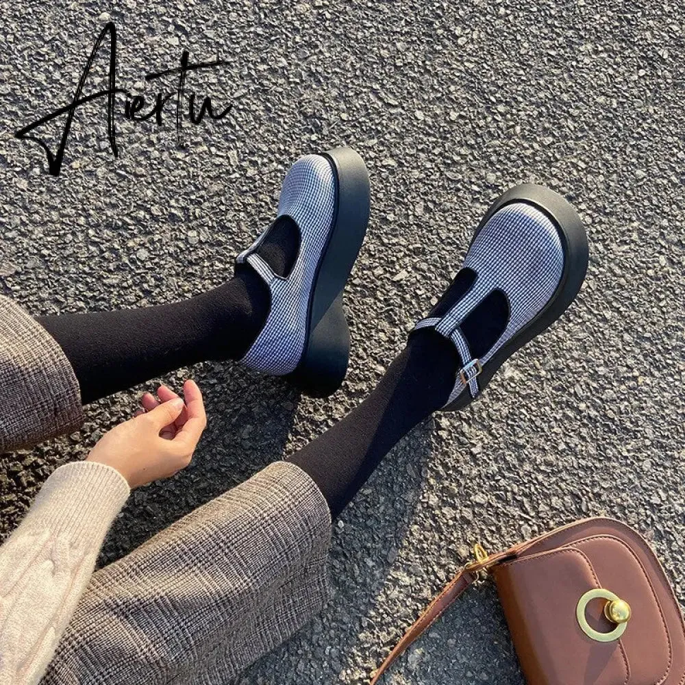 Aiertu Japanese Mary Jane Women'S Shoes  New Thick-Soled Lattice Small Single Shoes For Women College Style Vitage Spring  Shoes Woman