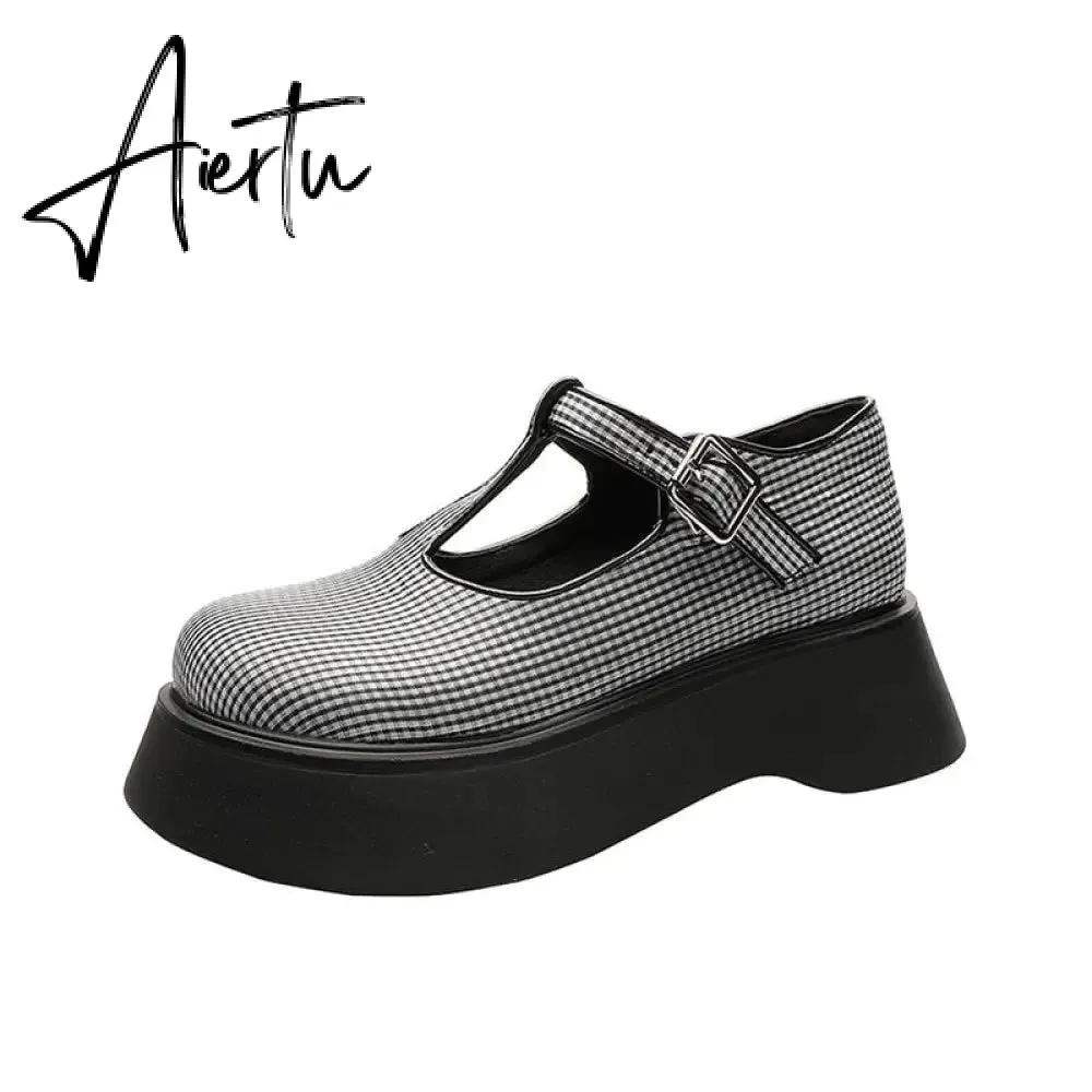 Aiertu Japanese Mary Jane Women'S Shoes  New Thick-Soled Lattice Small Single Shoes For Women College Style Vitage Spring  Shoes Woman