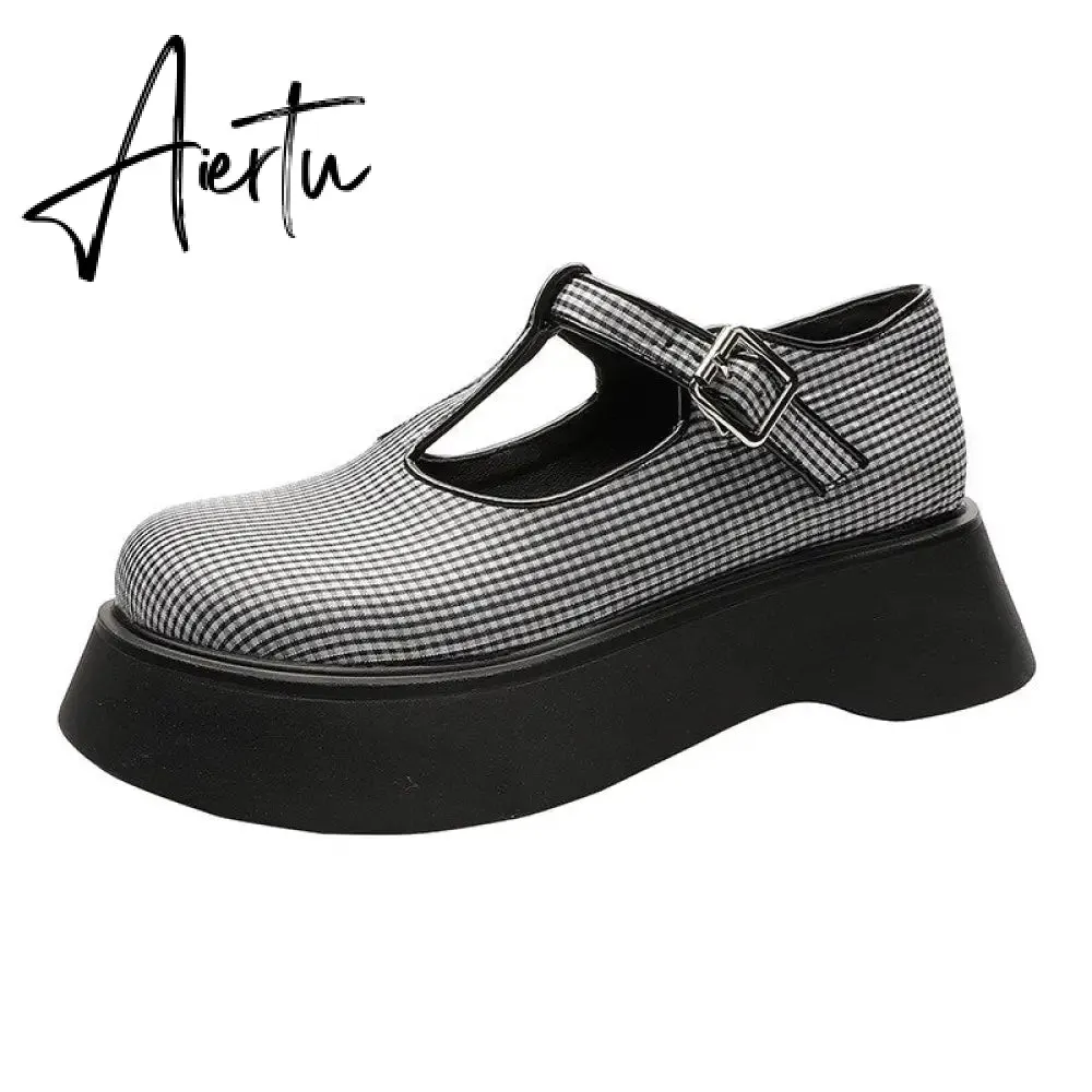 Aiertu Japanese Mary Jane Women'S Shoes  New Thick-Soled Lattice Small Single Shoes For Women College Style Vitage Spring  Shoes Woman