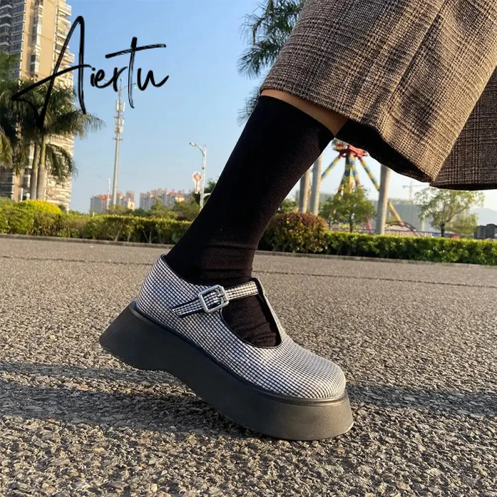 Aiertu Japanese Mary Jane Women'S Shoes  New Thick-Soled Lattice Small Single Shoes For Women College Style Vitage Spring  Shoes Woman