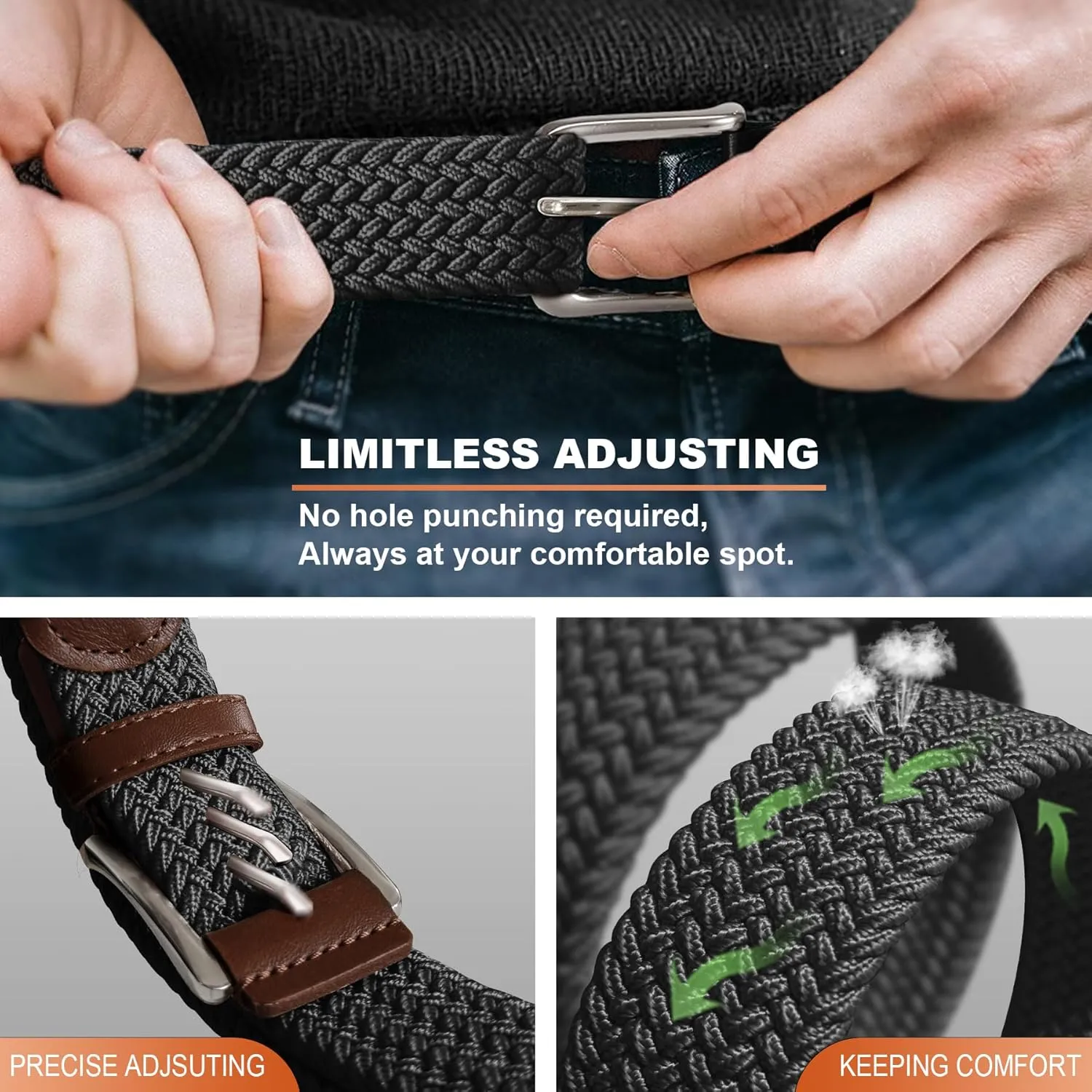 Stretch Braided Belt for Men -Mens Gift Elastic Woven Golf Belt 1 3/8"- for Golf Jeans Casual Wear