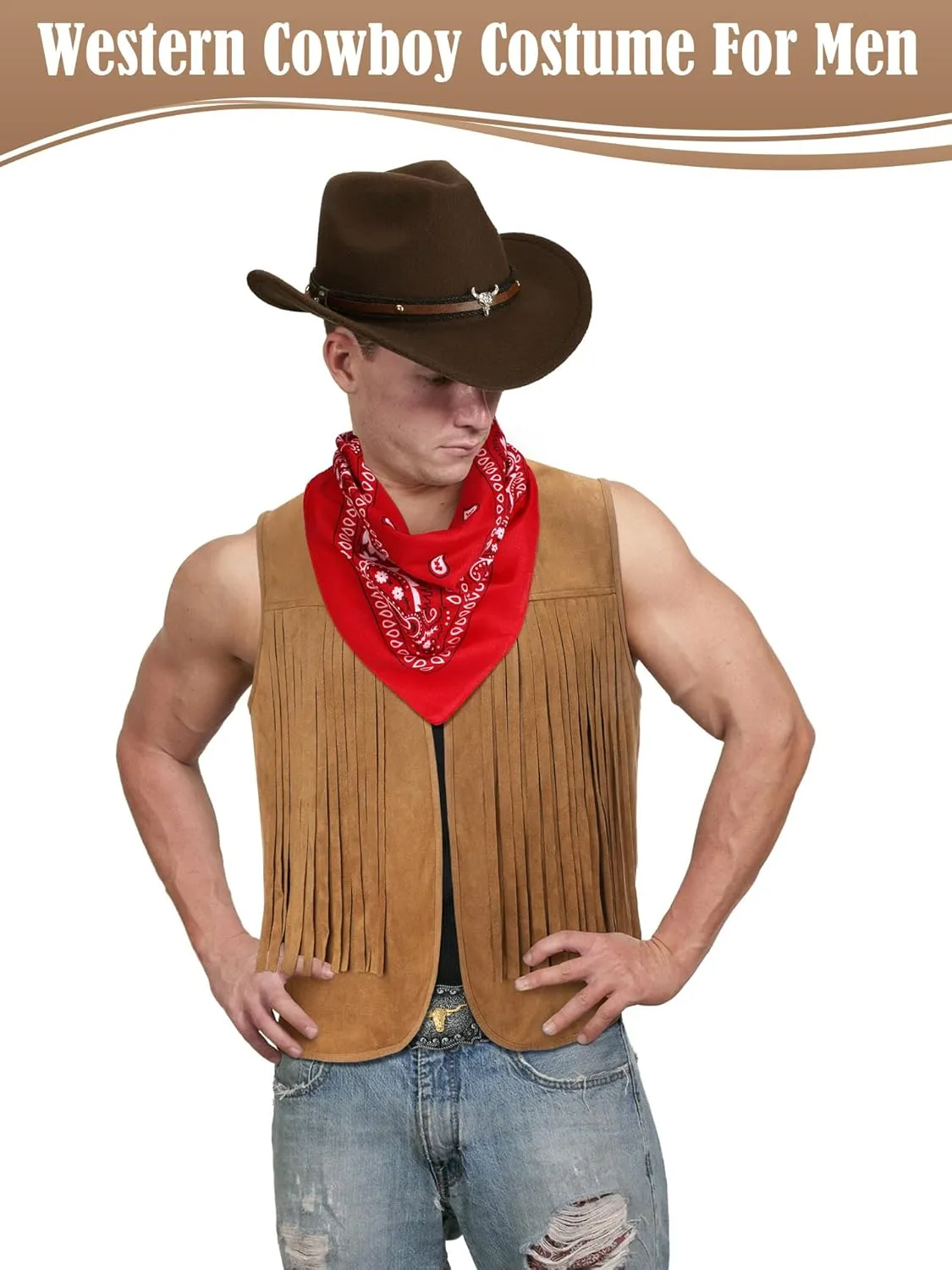 Toulite 4 Pcs Western Outfits for Men Cowboy Tassel Vest Hat Belt Buckle Paisley Bandana for Halloween Cosplay
