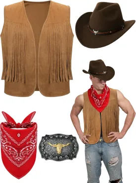 Toulite 4 Pcs Western Outfits for Men Cowboy Tassel Vest Hat Belt Buckle Paisley Bandana for Halloween Cosplay