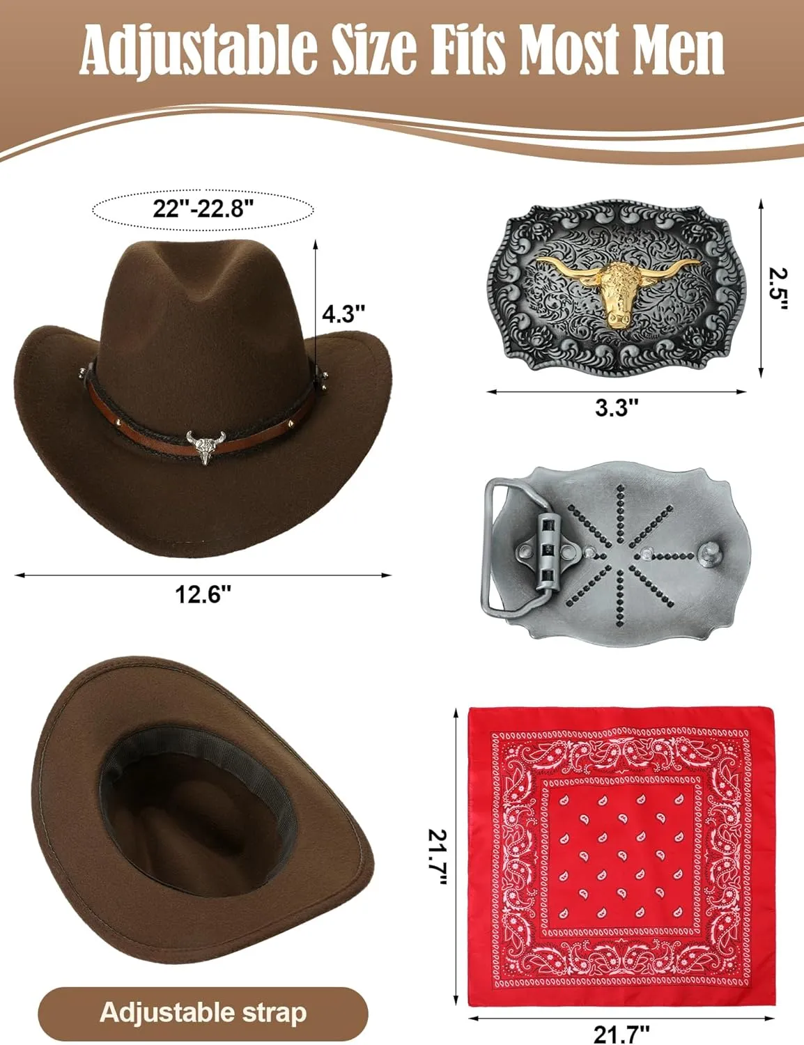 Toulite 4 Pcs Western Outfits for Men Cowboy Tassel Vest Hat Belt Buckle Paisley Bandana for Halloween Cosplay